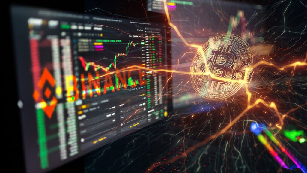 moneda de bitcoin apareciendo entre relampagos junto a pantallas de computadoras con graficos de mercado de exchange en el fondo