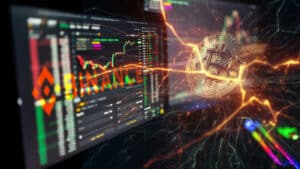 moneda de bitcoin apareciendo entre relampagos junto a pantallas de computadoras con graficos de mercado de exchange en el fondo