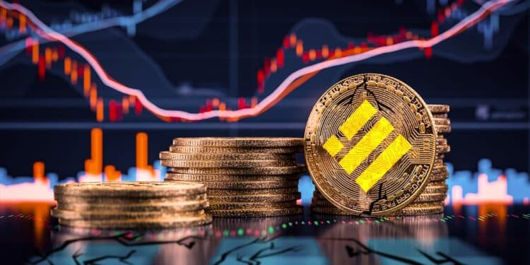 monedas de BUSD sobre superficie de cristal agretada con graficos de precio en el fondo
