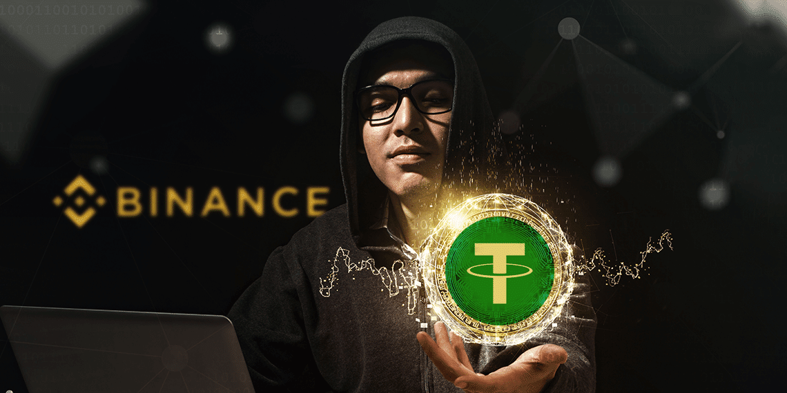 Venezolano con usdt y logo de binance detrás.