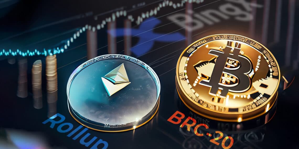 monedas de bitcoin y ethereum sobre mesa con grafico de precio y logo de bingX