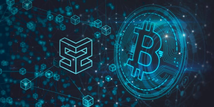 Bitcoin, logo de Stratum v2 y red descentralizada.