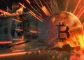 moneda de bitcoin brillante con dolar quemandose en el fondo