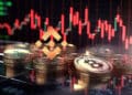 monedas de bitcoin y bnb sobre mesa con grafico de precio bajista en el fondo