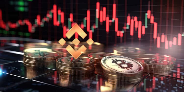 monedas de bitcoin y bnb sobre mesa con grafico de precio bajista en el fondo
