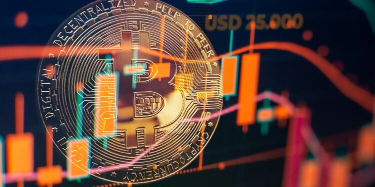 moneda de bitcoin con grafico de precio superpuesto con