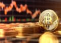 moneda de bitcoin con monedas apiladas y grafico descendente de precio en el fondo