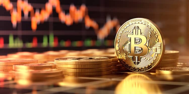 moneda de bitcoin con monedas apiladas y grafico descendente de precio en el fondo