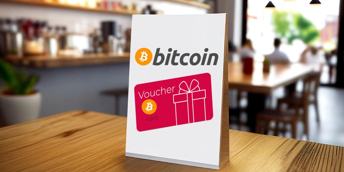 Comercio con un cartel de Voucher de bitcoin.