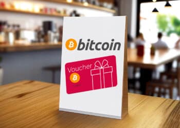 Comercio con un cartel de Voucher de bitcoin.