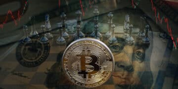 Bitcoin en tablero de ajedrez junto a un dolar y un gráfico en rojo.