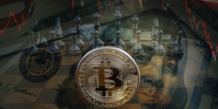 Bitcoin en tablero de ajedrez junto a un dolar y un gráfico en rojo.