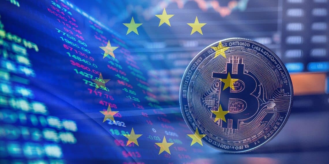 moneda de bitcoin junto a grafico de mercado de valores con bandera de europa superpuesta