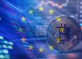 moneda de bitcoin junto a grafico de mercado de valores con bandera de europa superpuesta