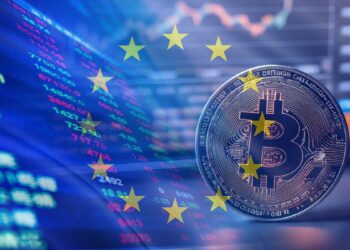 moneda de bitcoin junto a grafico de mercado de valores con bandera de europa superpuesta