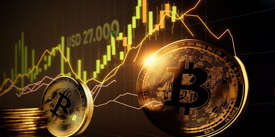 monedas de bitcoin con grafico de precio en el fondo