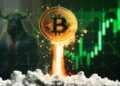 moneda de bitcoin propulsada por fuego con grafico alcista de precio y toro en el fondo