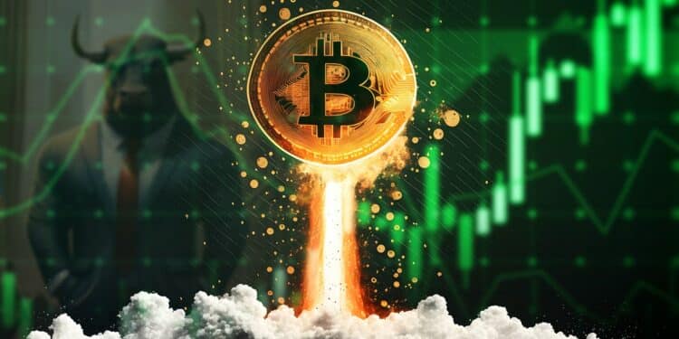 moneda de bitcoin propulsada por fuego con grafico alcista de precio y toro en el fondo