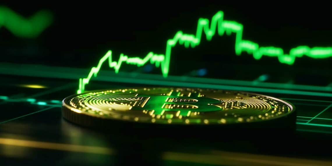 moneda de bitcoin con grafico alcista de precio en verde