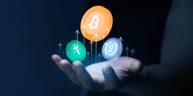 Bitcoin y stablecoins junto a flechas ascendentes.