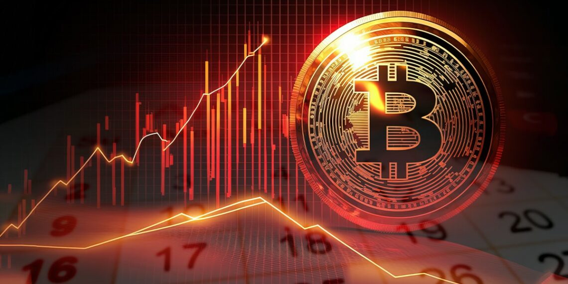 moneda de bitcoin junto a grafico en rojo con calendario difuminado copmo base