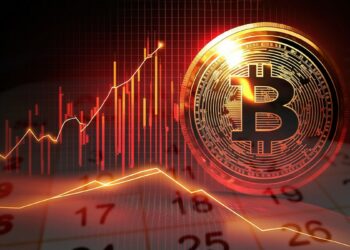 moneda de bitcoin junto a grafico en rojo con calendario difuminado copmo base