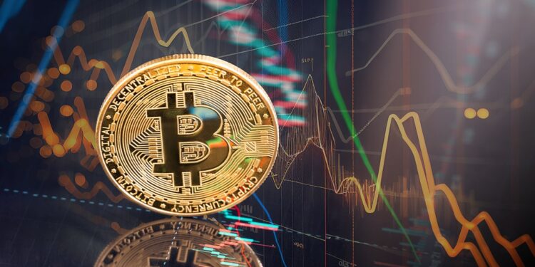 moneda de bitcoin con grafico de volatilidad en el fondo