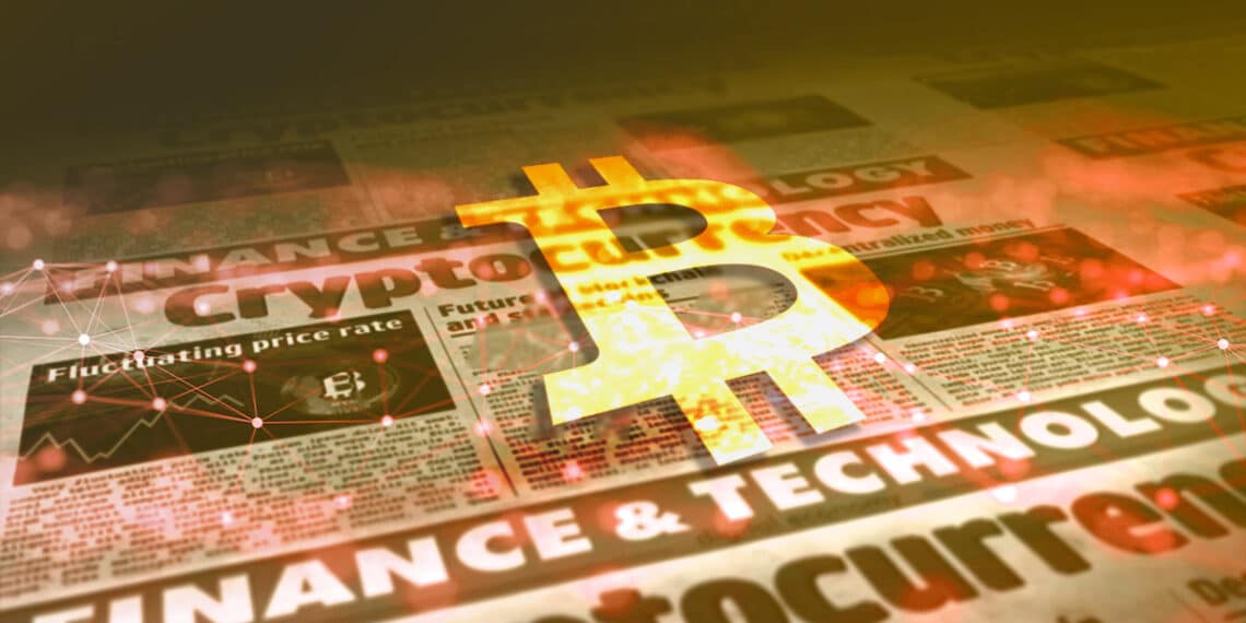 logo de Bitcoin sobre periodico con red digital superpuesta