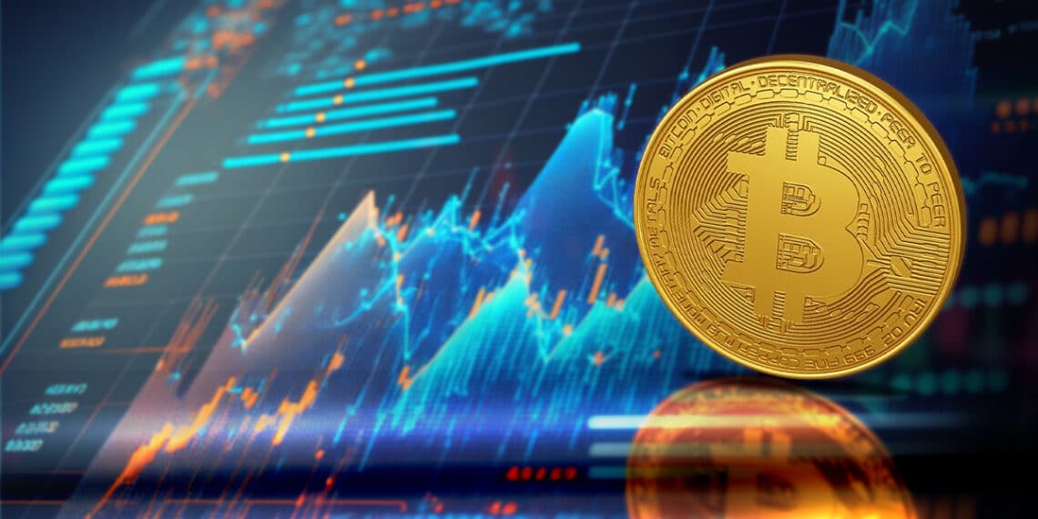 moneda de bitcoin sobre superficie de cristal con graficos de precio alcista en el fondo