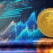 moneda de bitcoin sobre superficie de cristal con graficos de precio alcista en el fondo