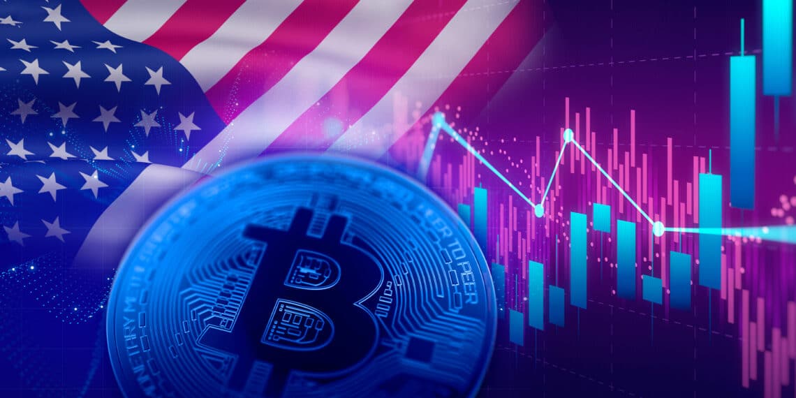 Bitcoin y bandera de Estados Unidos.