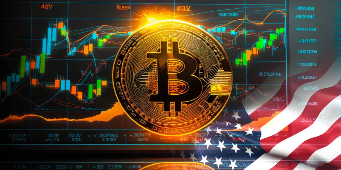 Predicciones de bitcoin y bandera de Estados Unidos.