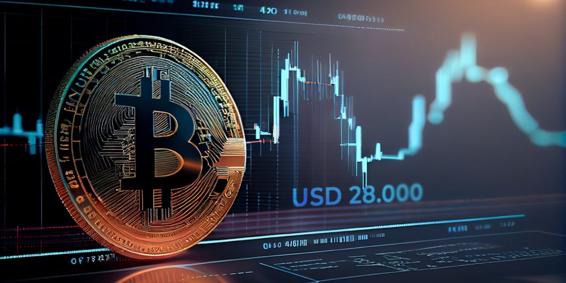 moneda de bitcoin entre pantallas congráficos de precio señalando usd 28.000