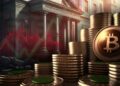 moneda de bitcoin entre monedas apiladas con banco en crisis en el fondo
