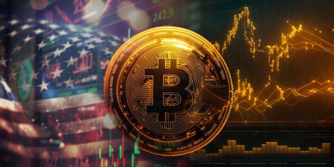 moneda de bitcoin entre graficos de mercados de estados unidos y grafico de precio digital