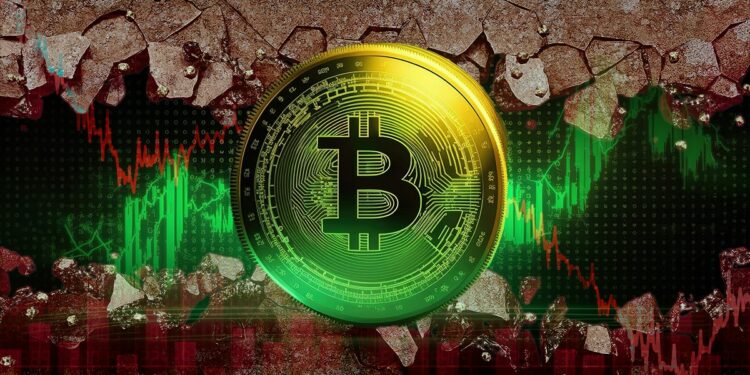moneda de bitcoin con grafico ascendente en verde con pared derummbandose con grafico bajista de precio en rojo proyectado