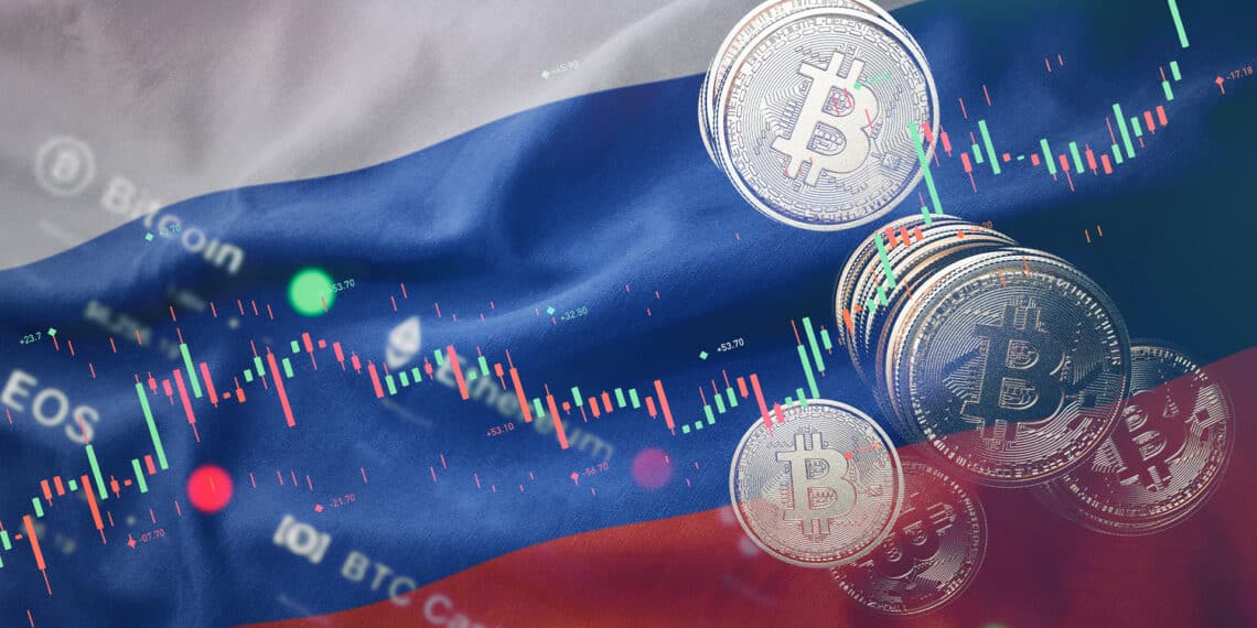 Bitcoin y bandera de Rusia.