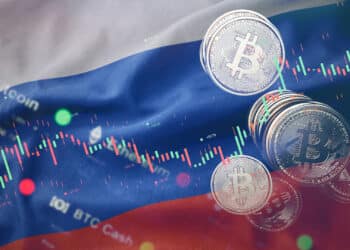 Bitcoin y bandera de Rusia.