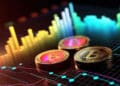 monedas de bitcoin sobre pantalla con graficos de precio en incremento