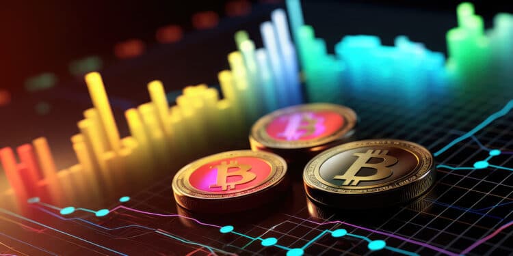 monedas de bitcoin sobre pantalla con graficos de precio en incremento