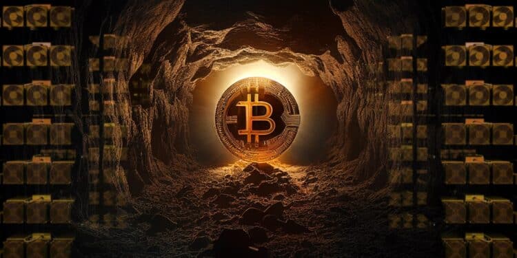 moneda de bitcoin en cueva de piedra con mineros asic alrededor