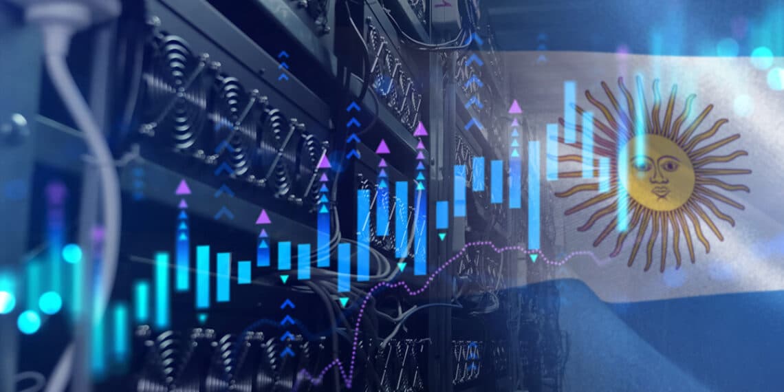 granja de mineros asic junto a bandera de Argentina con grafico ascendente superpuesto