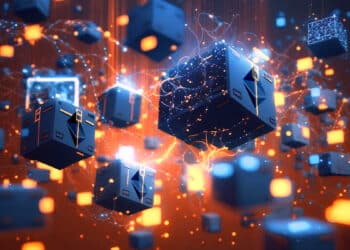 bloques digitales en red congestionada con logo de ethereum