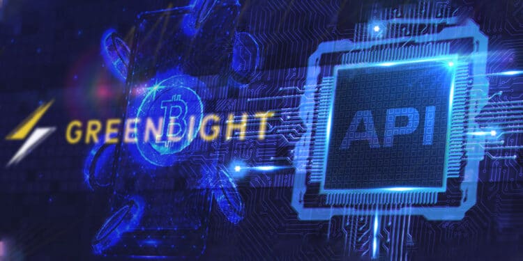 Logo de Green light con monedas de bitcoin sobre aplicación movil en placa digital con API integrado