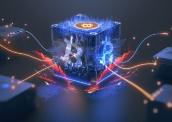 bloque con logo de Bitcoin y plumas