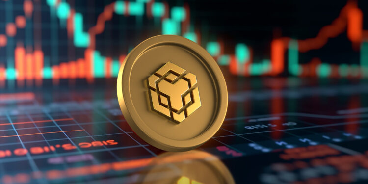 moneda de BNB sobre superficie de vidrio con datos de mercado y grafico de precio en el fondo