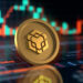 moneda de BNB sobre superficie de vidrio con datos de mercado y grafico de precio en el fondo