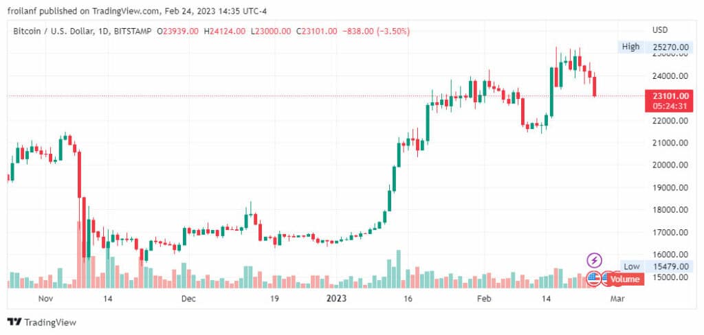 grafico muestra aumento en el precio de bitcoin en paridad con el dolar entre noviembre del 2022 y febrero del 2023