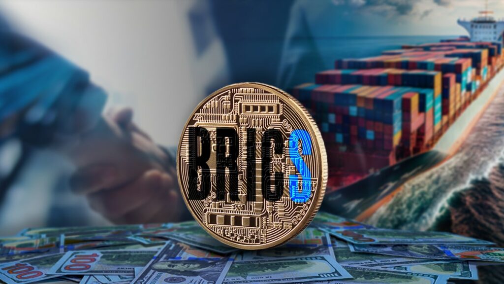 moneda con el logo del grupo Brics sobre billetes de dolares apilados con negocios ocuerriendo en el fondo