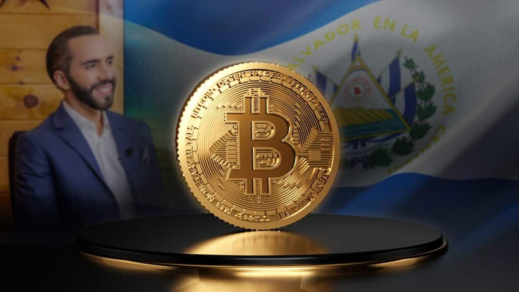 moneda de bitcoin sobre podio con Nayib Bukele y bandera de El Salvador en el fondo